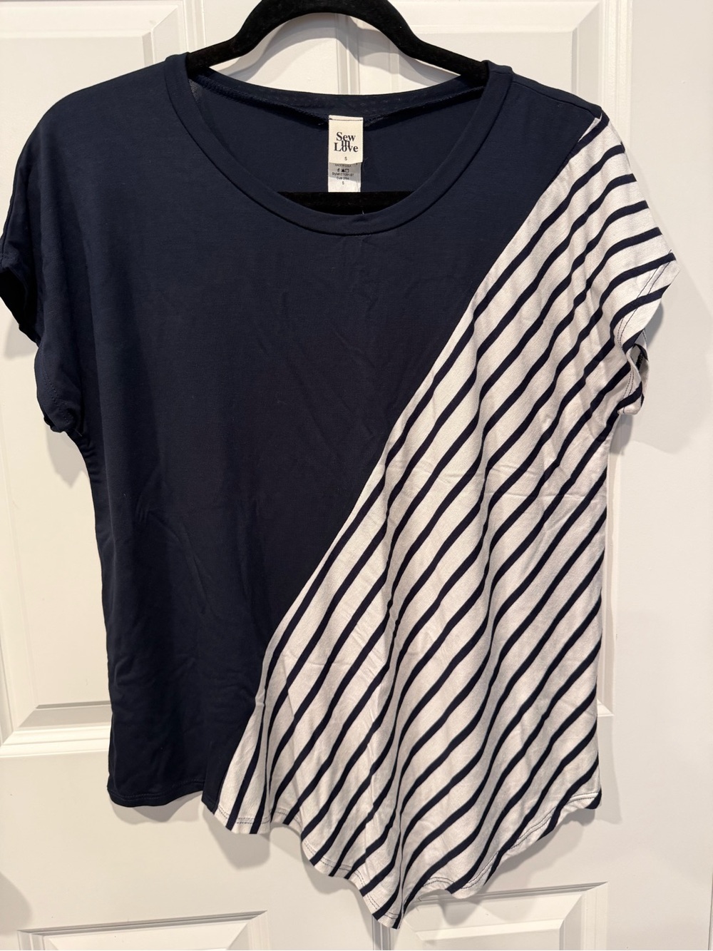 Sew In Love Navy and White Short Sleeve Diagonal Striped Tee